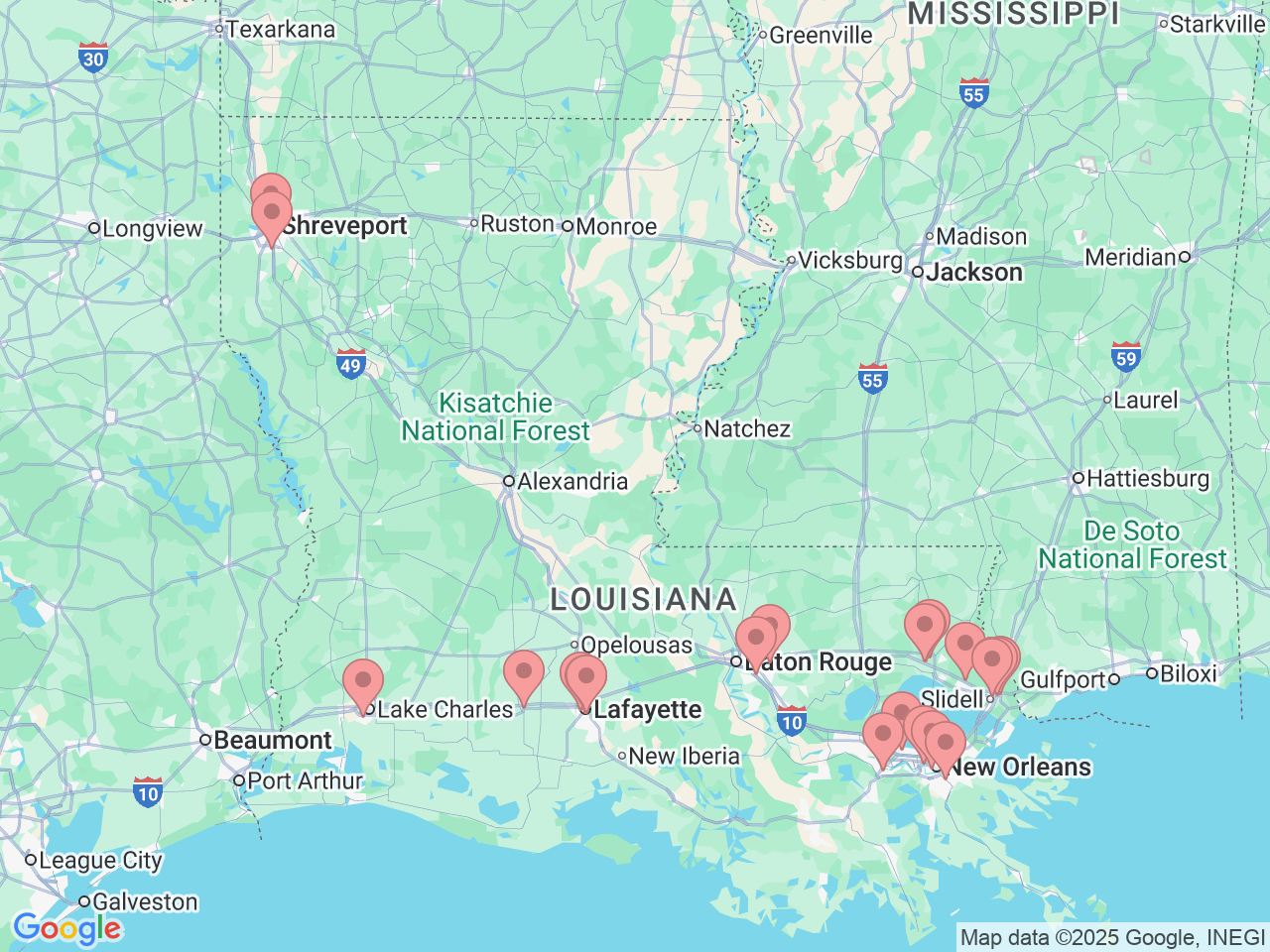 Map of Ochsner-affiliated facilities that provide services related to Cancer Care