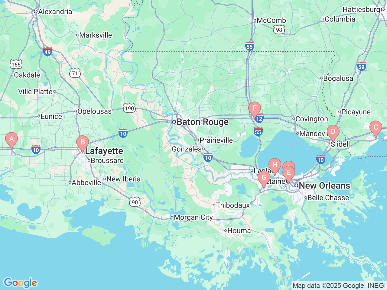 Map of Ochsner-affiliated facilities that provide services related to Heart & Vascular Institute