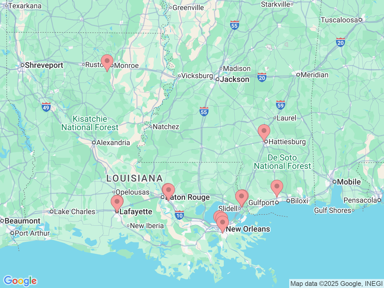 Map of Ochsner-affiliated facilities that provide services related to Pediatric Cardiology