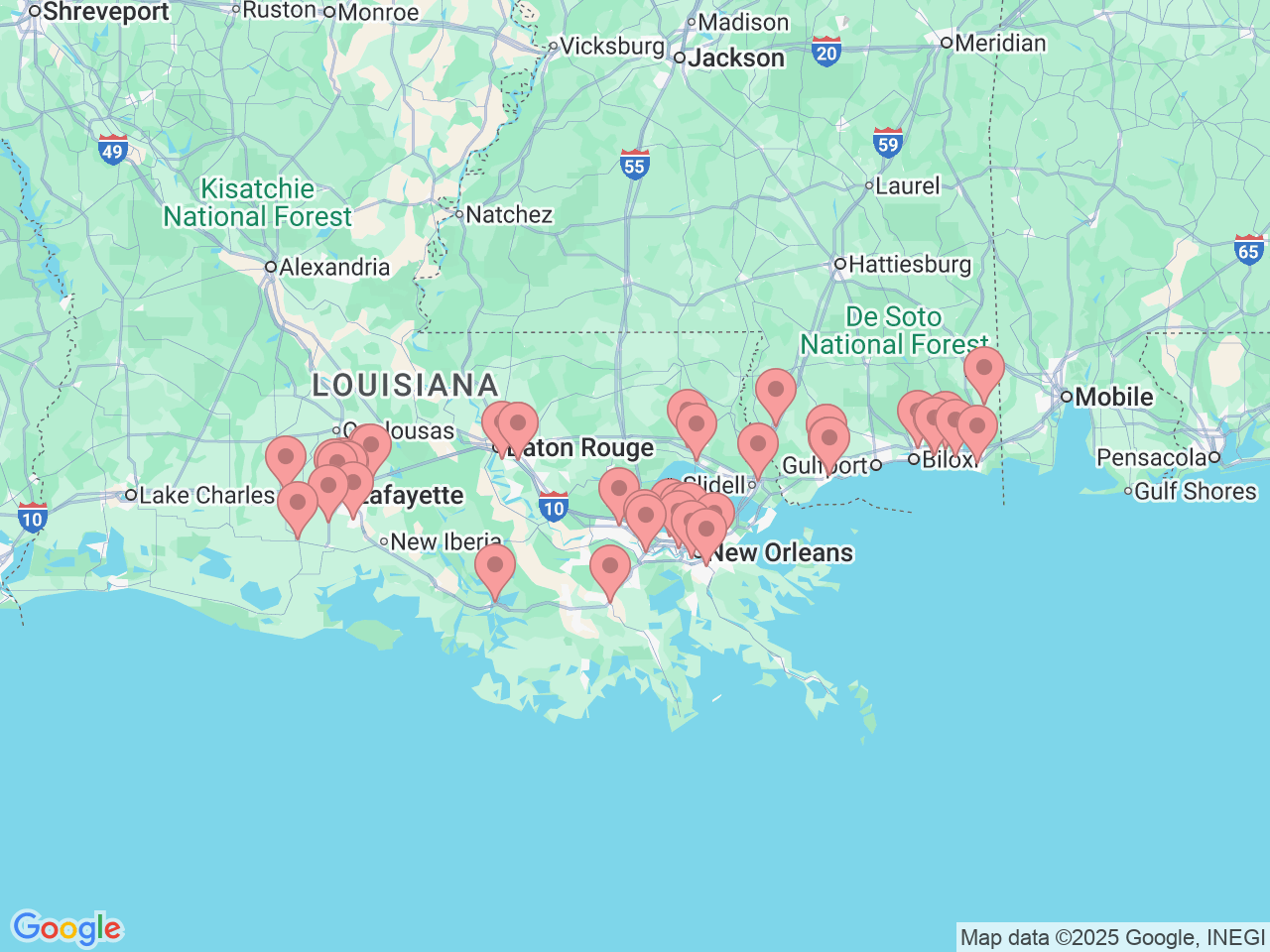 Map of Ochsner-affiliated facilities that provide services related to Physical Therapy