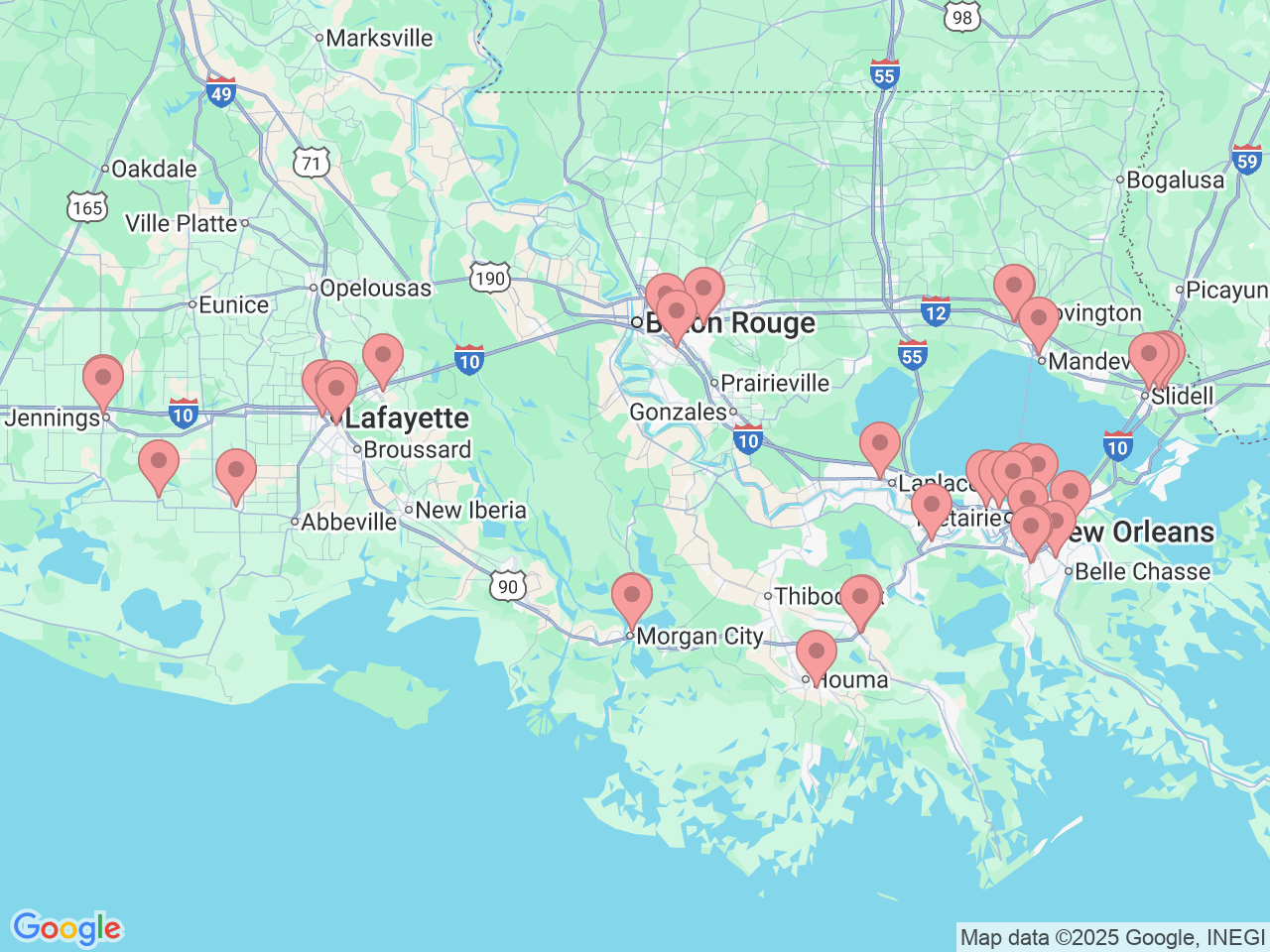 Map of Ochsner-affiliated facilities that provide services related to Psychiatry & Behavioral Health Services
