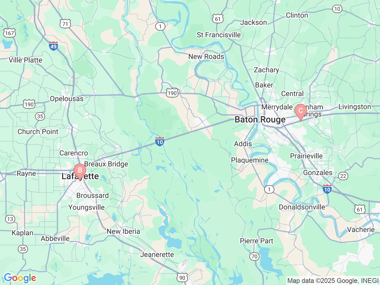 Map of Ochsner-affiliated facilities that provide services related to Thoracic Surgery